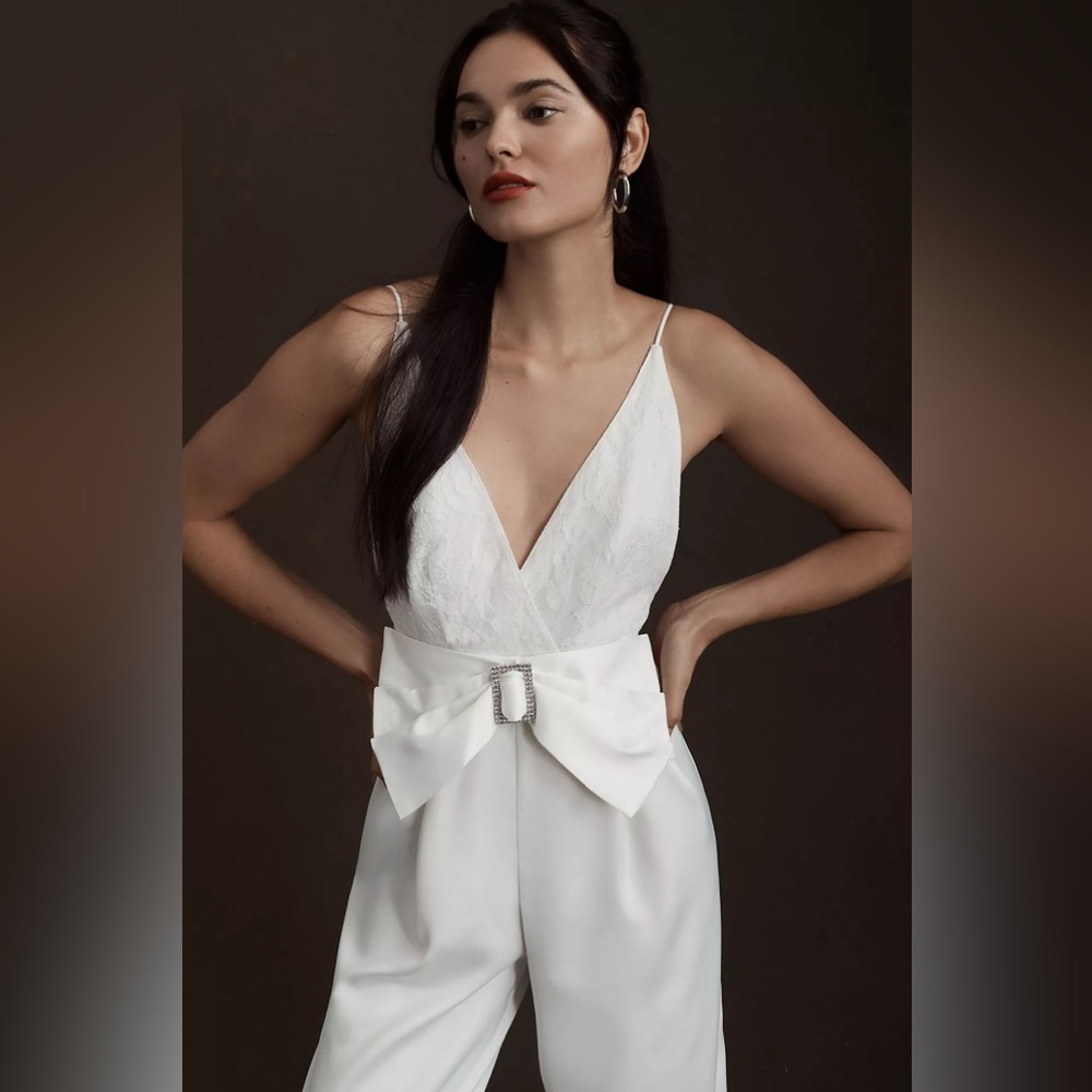 Anthropologie Ronny Kobo Nole DEEP-V BELTED WIDE-LEG JUMPSUIT in ivory